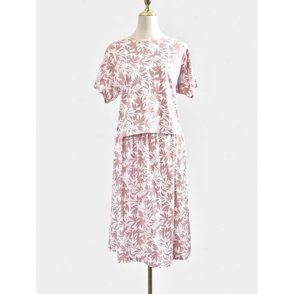 Vintage LL Bean Pink White Tropical Floral Cotton Top & Maxi Skirt Set Womens M